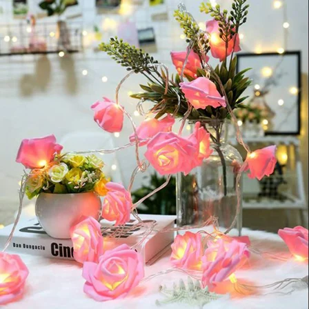 Yapay Gül Tasarımlı Dekoratif Led Işık Gül Detaylı Led Işık Pilli (20 Gül) (5477)