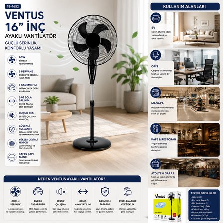 16 INC İNÇ EV TİPİ AYAKLI VANTİLATÖR 45W 5 PLS.PERVANE 3 KADEME HIZ FAN (5566)