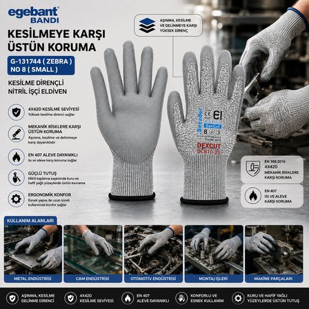 10 ADET ZEBRA NO 8 SMALL KESİLME DİRENÇLİ NİTRİL İŞÇİ ELDİVEN BANDI (5477)