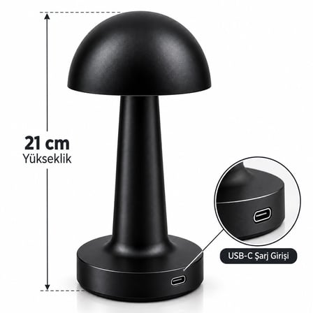 SİYAH - OVAL DEKORATİF MASA LAMBASI MANTAR DOKUNMATİK USB - TYPE-C ŞARJLI 3 FONKSİYON RENKLİ İ10-028