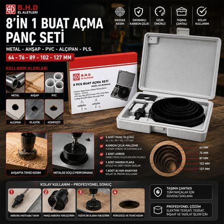8İN1 BUAT AÇMA PANÇ SETİ METAL - AHŞAP - PVC - ALÇIPAN - PLS. 64-73-89-102-127MM KTX-3243 (5477)