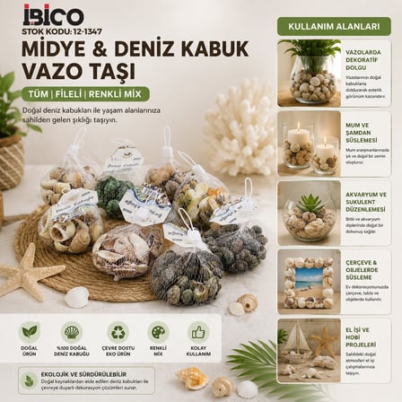 20 ADET FİLELİ RENKLİ MİX EKO MİDYE - DENİZ KABUK VAZO TAŞI (5566)