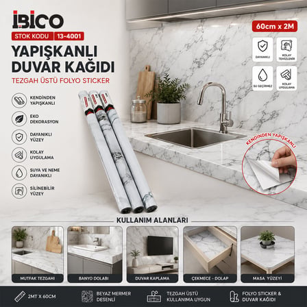 2MT X 60CM BEYAZ MERMER DESENLİ TEZGAH ÜSTÜ FOLYO STİCKER - DUVAR KAĞIT KENDİNDEN YAPIŞKANLI - EKO D