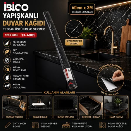 3MT X 60CM SİYAH MERMER DESENLİ TEZGAH ÜSTÜ FOLYO STİCKER - DUVAR KAĞIT KENDİNDEN YAPIŞKANLI - EKO D