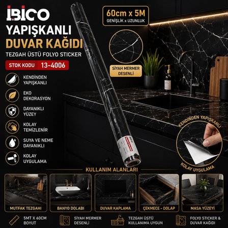 5MT X 60CM SİYAH MERMER DESENLİ TEZGAH ÜSTÜ FOLYO STİCKER - DUVAR KAĞIT KENDİNDEN YAPIŞKANLI - EKO D