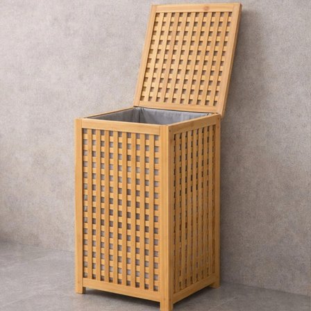 KALIN AHŞAP BAMBU KİRLİ ÇAMAŞIR SEPETİ KUMAŞ ÇANTALI SEPET=40X40X58CM (5477)