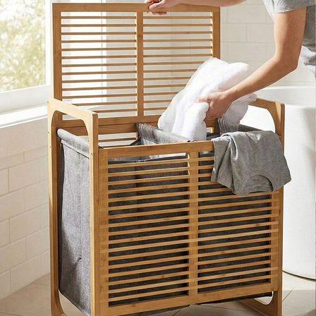 KALIN AHŞAP BAMBU 2 BÖLMELİ KİRLİ ÇAMAŞIR SEPETİ KUMAŞ ÇANTALI SEPET=54X35X60CM (5477)