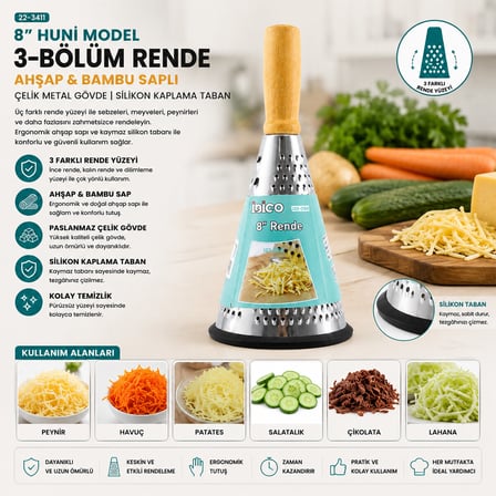8 İNÇ - HUNİ MODEL   AHŞAP - BAMBU SAPLI  METAL RENDE  SİLİKON TABANLI (5477)