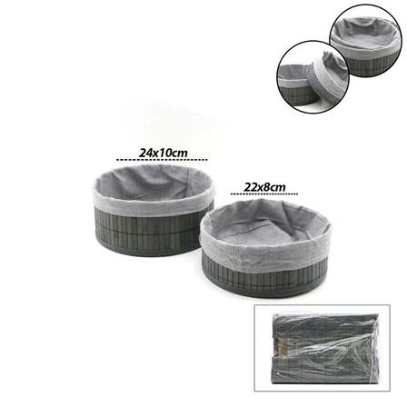 GRİ 2 BOY YUVARLAK BAMBU KENAR ORGANİZER SEPET AHŞAP ALTLIK - BEZLİ ÇAP=22X24CM (5477)