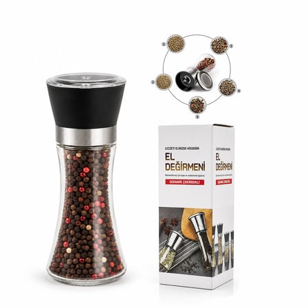 HAND GRINDER BÜYÜK CAM HAZNELİ - PLS.KAPAKLI - KROM BELLİ TUZ - BAHARAT ÖĞÜTÜCÜ (5477)