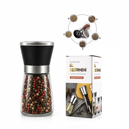 HAND GRINDER KÜÇÜK CAM HAZNELİ - PLS.KAPAKLI - KROM BELLİ TUZ - BAHARAT ÖĞÜTÜCÜ (5477)
