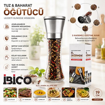HAND GRINDER BÜYÜK CAM HAZNELİ - KROM KAPLAMA PLS.KAPAKLI TUZ - BAHARAT ÖĞÜTÜCÜ (5477)