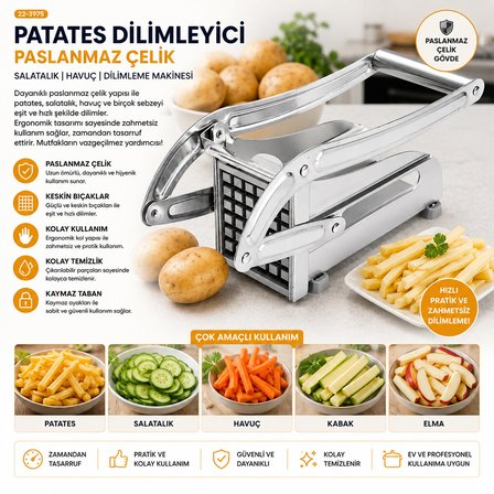 PATATO-CHIPPER MANUEL PATATES - SEBZE DİLİMLEME MAKİNESİ KOMPLE METAL ÜSTTEN KOLLU (5566)