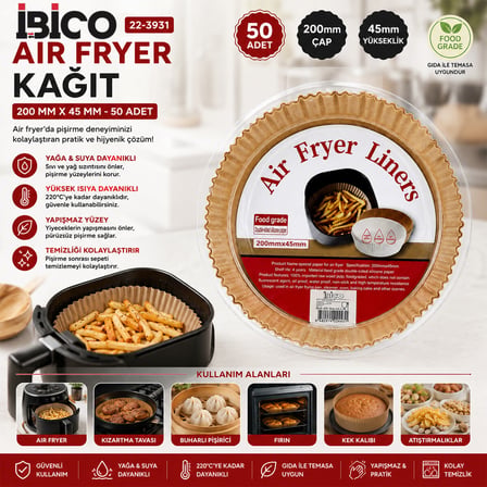 50PCS YUVARLAK TABAN: 20CM - KENAR: 4.5CM AİR FRYER PİŞİRME KALIP KAĞIT (5566)