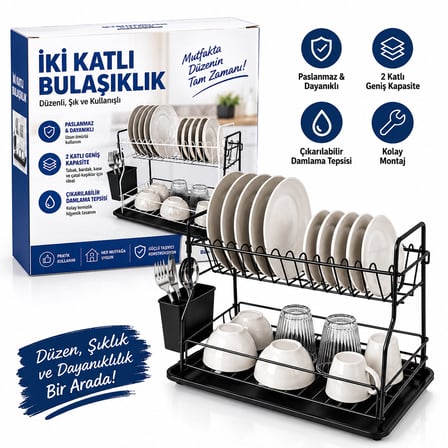 SİYAH - METAL 2 KATLI TABAKLIK - BULAŞIKLIK (5477)