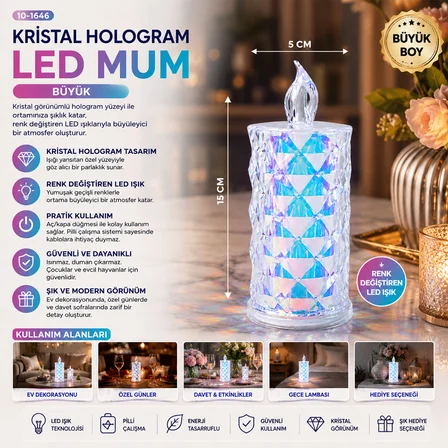 12 ADET LED CANDLE KAMP BÜYÜK BOY= ÇAP:5CM - Y: 16CM PİLLİ LED MUM MİKA KRİSTAL PLASTİK YAKUT-13637 