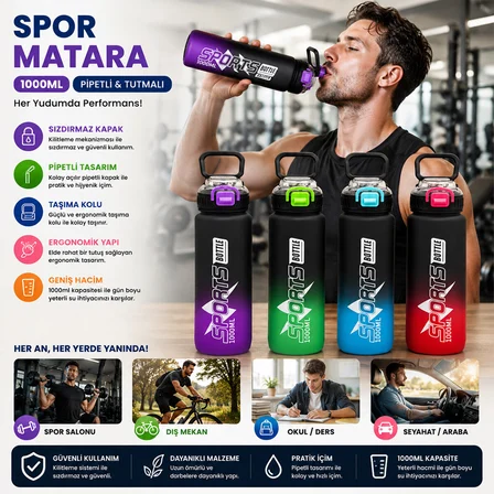 ÇİFT RENKLİ TUTMALI PLASTİK PİPETLİ SPOR MATARA SULUK 1000ML (5477)