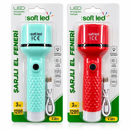 2IN1 ŞARJLI EL FENERİ USB - TYPE-C ŞARJLI 1 LED 2W - 8 SMD 1W K-0811 (5477)
