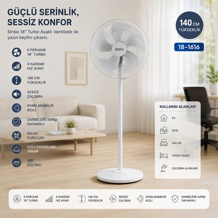 BEYAZ 5 PERVANE - 18 INC EV - OFİS KOMPAKT - SESSİZ - ÜÇ KADEME 140CM YÜKSEKLİK AYAKLI VANTİLATÖR SF-6798 (5566)