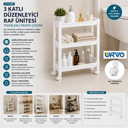 RAFTY 3 KATLI TEKERLEKLİ SEPET ORGANİZER DÜZENLEYİCİ RAF ÜNİTESİ 465X145X480MM (5566)