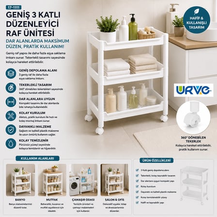RAFTY GENİŞ 3 KATLI TEKERLEKLİ SEPET ORGANİZER DÜZENLEYİCİ RAF ÜNİTESİ 352X220X480MM (5566)
