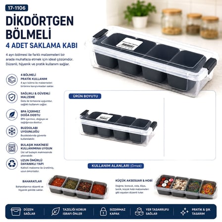 35X7CM ŞEFFAF KUTU - SİYAH BÖLME DİKDÖRTGEN BÖLMELİ SAKLAMA KAB (5566)