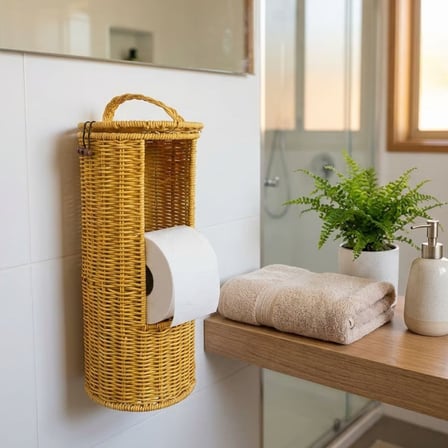Askılı Plastik Rattan Tuvalet Kâğıdı Standı – Hasır Görünümlü, Kapaklı, Yedekli WC Kâğıtlık, Banyo v