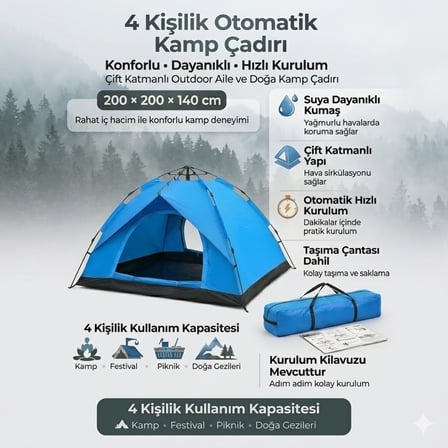 4 Kişilik Otomatik Kamp Çadırı – Çift Katmanlı, Suya Dayanıklı, Hızlı Kurulum Outdoor Aile ve Doğa Ç