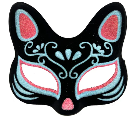 Siyah Renk Süet Kaplama Üzeri Mavi Kırmızı Simli Kedi Maskesi 17x14 cm (5477)