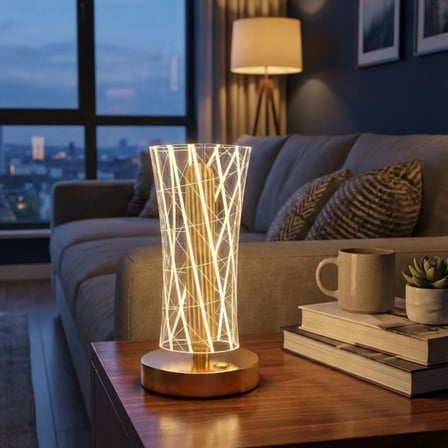 Silindirik Kristal Çizgi Model LED Masa Lambası – Gold Tabanlı, Dokunmatik, 3 Renk Işık Modlu, Şarjl