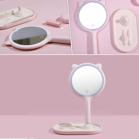 Kedi Kulaklı Telefon Standlı Yuvarlak Dokunmatik Led Ayarlı Masa Üstü Makyaj Aynası (5477)