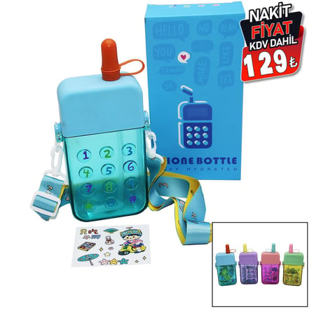 TELEFON MODELİ RENKLİ MİKA KRİSTAL SULUK MATARA PİPETLİ - VİDALI KAPAK - ASKILI 300ML (5477)