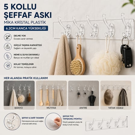 SİLİKON 5 KOLLU ŞEFFAF YAPIŞKAN ASKI (5477)