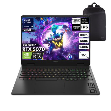 HP Omen Slim Ultra 9-285H 40-GBDDR5 2 TBSSD RTX5070 (8GB-GDDR7) 16" WQXGA Windows 10 Pro + QB Sırt Çantası CD7J6EAQB28