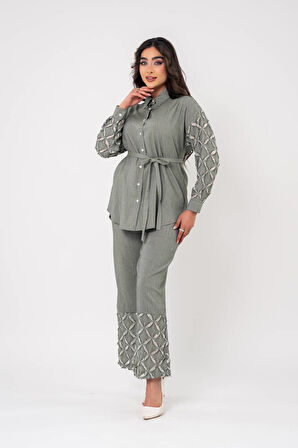 Yıpratma Detaylı Oversize  Gömlek Pantolon Takım TKM16052