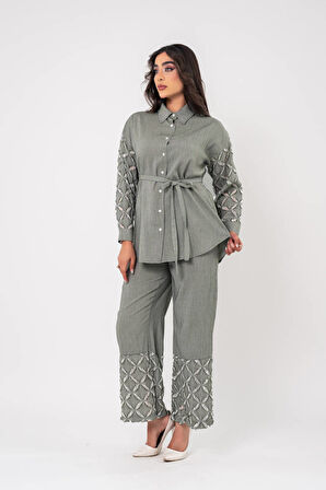 Yıpratma Detaylı Oversize  Gömlek Pantolon Takım TKM16052