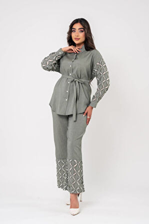 Yıpratma Detaylı Oversize  Gömlek Pantolon Takım TKM16052