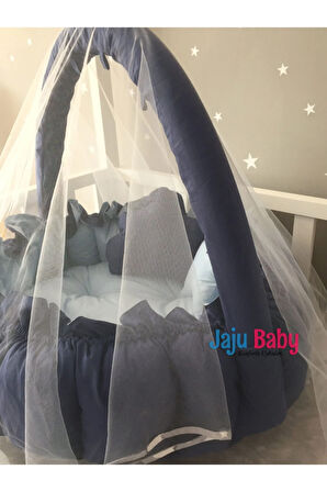 Lacivert - Mavi Tasarım Lüx Babynest Oyun Minderi Cibinlik Tül Oyuncak Aparat Set