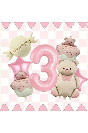 Küçük Ayı Pasta Folyo Balon Seti - Pembe Sevimli Ayı, Pasta Ayısı, Şeker Yıldız Balon yaş set