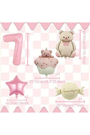 Küçük Ayı Pasta Folyo Balon Seti - Pembe Sevimli Ayı, Pasta Ayısı, Şeker Yıldız Balon yaş set