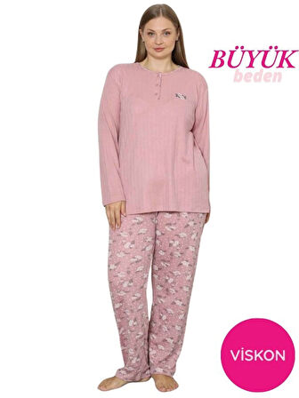 Kadın Çiçek Desen 3 Düğmeli Raporlu Kışlık Viskon Uzun Kol Pijama Takımı