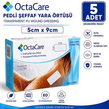Octacare Su Geçirmez Pedli Şeffaf Pu Film Steril Yara Örtüsü Banyo Bandı 5cm×9cm (5 Adet)