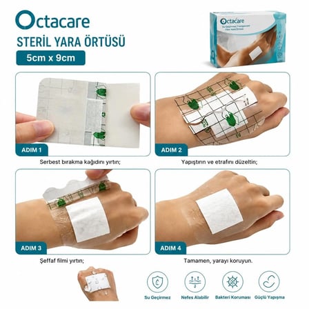 Octacare Su Geçirmez Pedli Şeffaf Pu Film Steril Yara Örtüsü Banyo Bandı 5cm×9cm (5 Adet)
