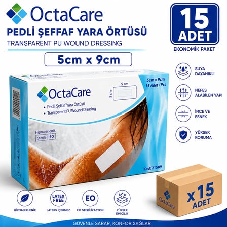 Octacare Su Geçirmez Pedli Şeffaf Pu Film Steril Yara Örtüsü Banyo Bandı 5cm×9cm (15 Adet)