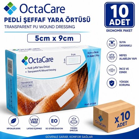 Octacare Su Geçirmez Pedli Şeffaf Pu Film Steril Yara Örtüsü Banyo Bandı 5cm×9cm (20 Adet)