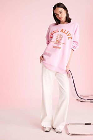 DeFacto Oversize Geniş Kalıp Bisiklet Yaka Baskılı Kalın Sweatshirt D4940AX24AUPN205