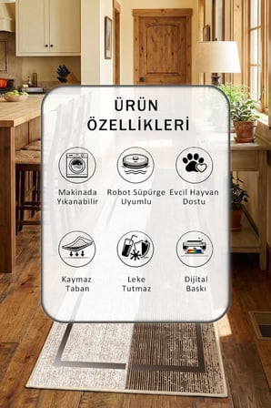 Kahve Kare Bej Modern Mutfak Halısı Yıkanabilir Kaymaz Su İtici