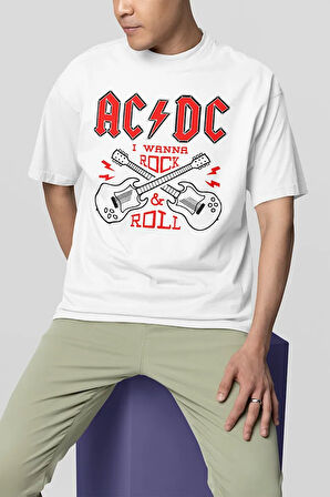 I Wanna Rock & Roll AC DC Baskılı Unisex Oversize Tişört