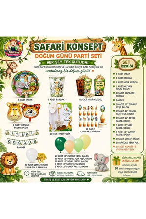 Safari Konsept Doğum Günü Parti Seti 8 Kişilik | 10 Adet Kişiye Özel Hediyelikli Parti Malzemeleri Seti