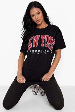 New York Brooklyn Tasarımlı Unisex Siyah T-shirt